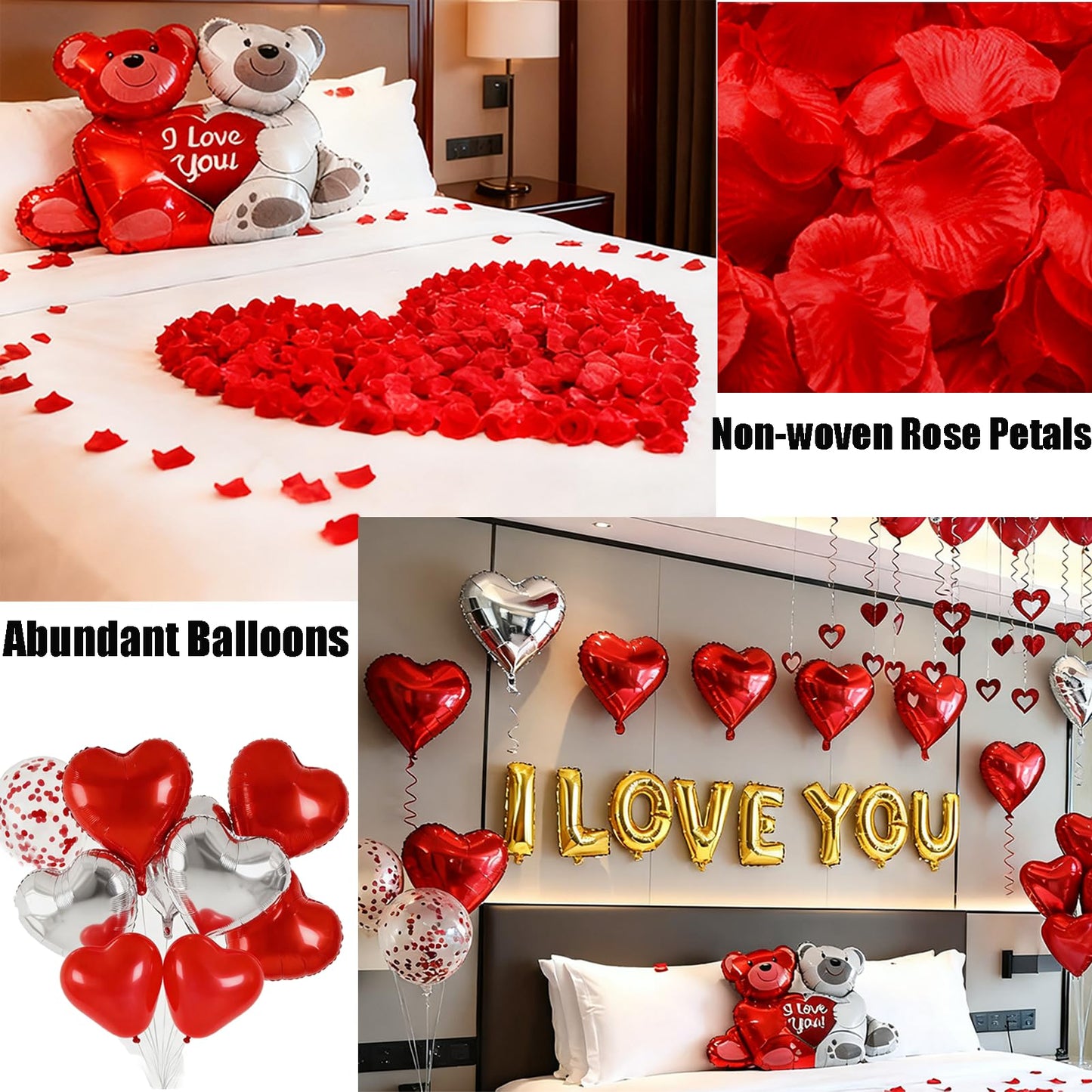 54pcs I Love You Heart Balloons Valentines Decoration with 50 Hanging 1000 Silk Rose Petal Bear