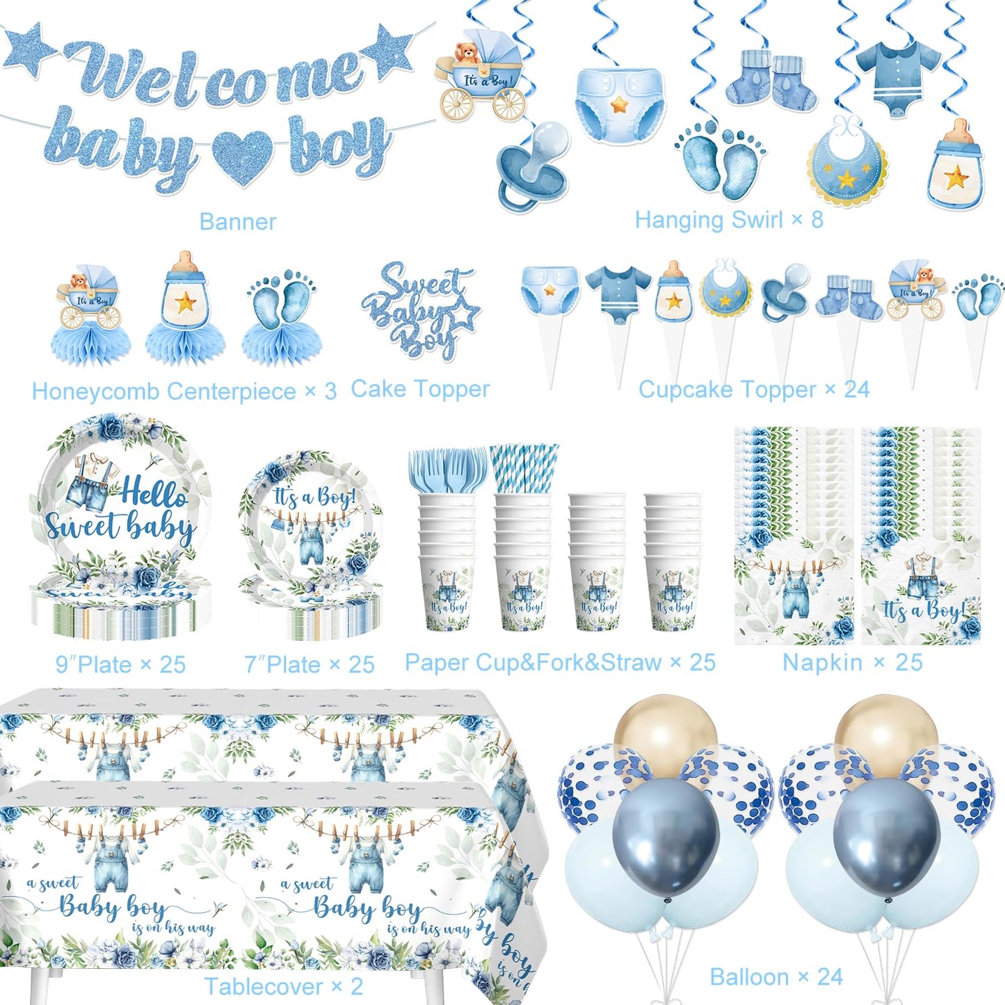 213Pcs Cocomigo Blue Baby Boy Shower Decorations Tableware Set, Serves 25