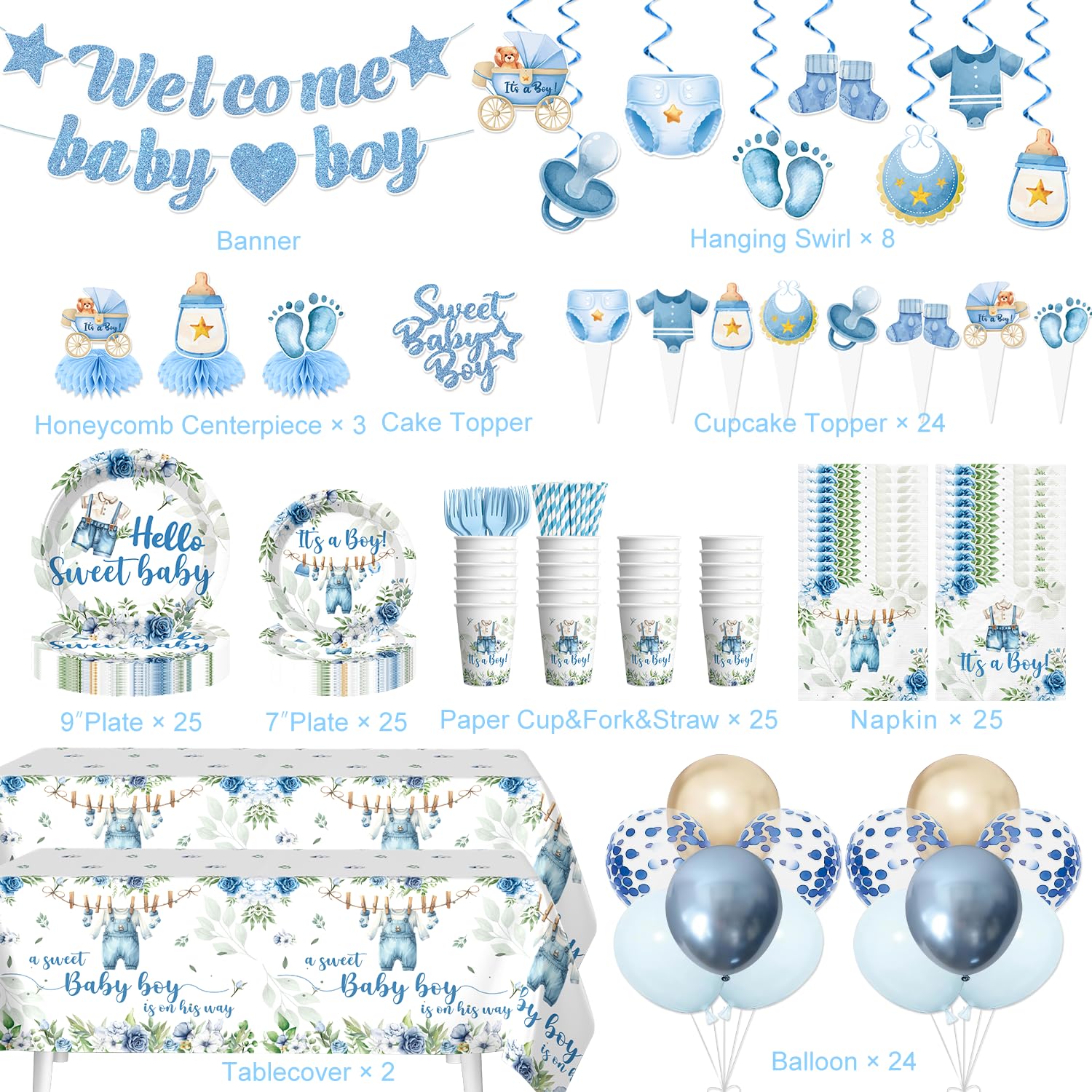 213Pcs Cocomigo Blue Baby Boy Shower Decorations Tableware Set, Serves 25