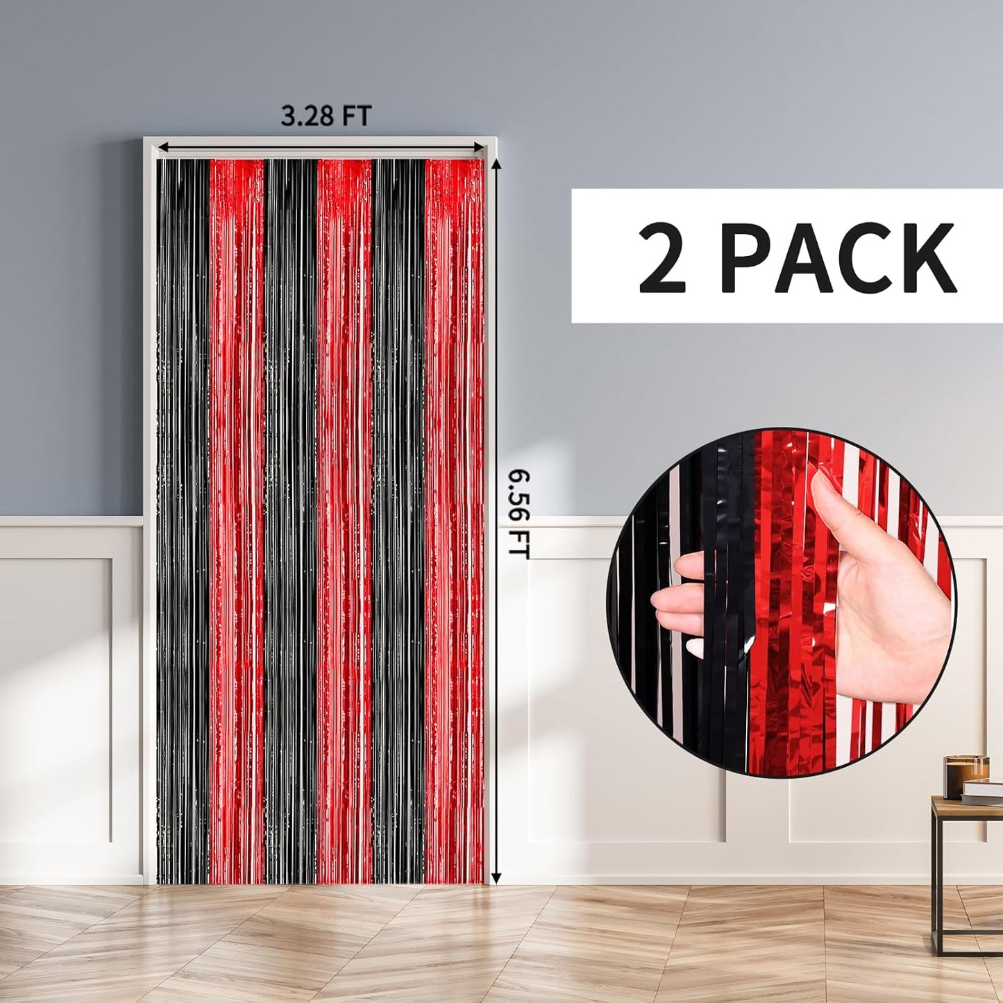 RUBFAC 2 Pack Red and Black Backdrop Party Decorations Tinsel Foil Fringe Curtains Streamers for Casino Theme Halloween Bachelorette Birthday Holiday Celebrations Party Supplies