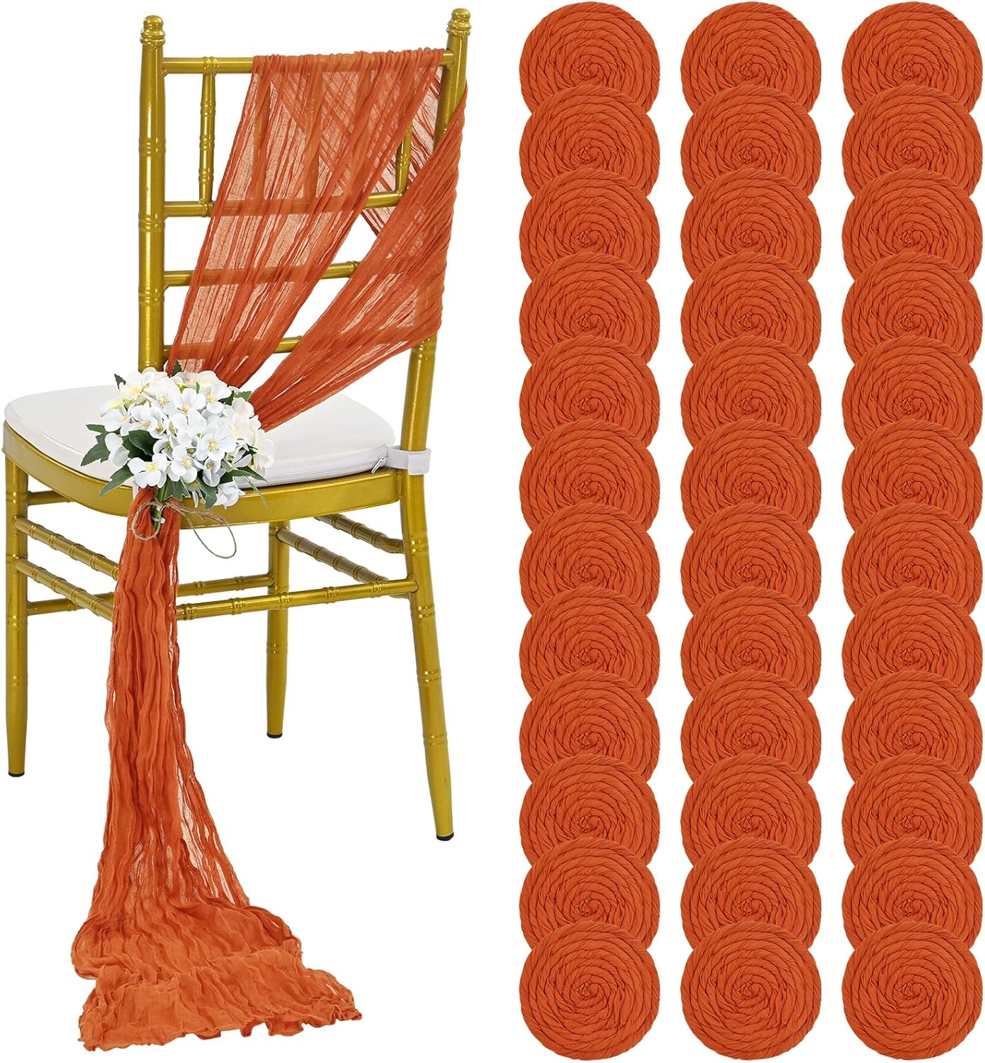 36 Pcs Burnt Orange Cheesecloth Chair Sashes, 16 x 108 inch Gauze Fabric Washable Chair Sashes Bows Designed for Aisle Decorations Universal Chair Cover Decor for Wedding Reception Party Banquet