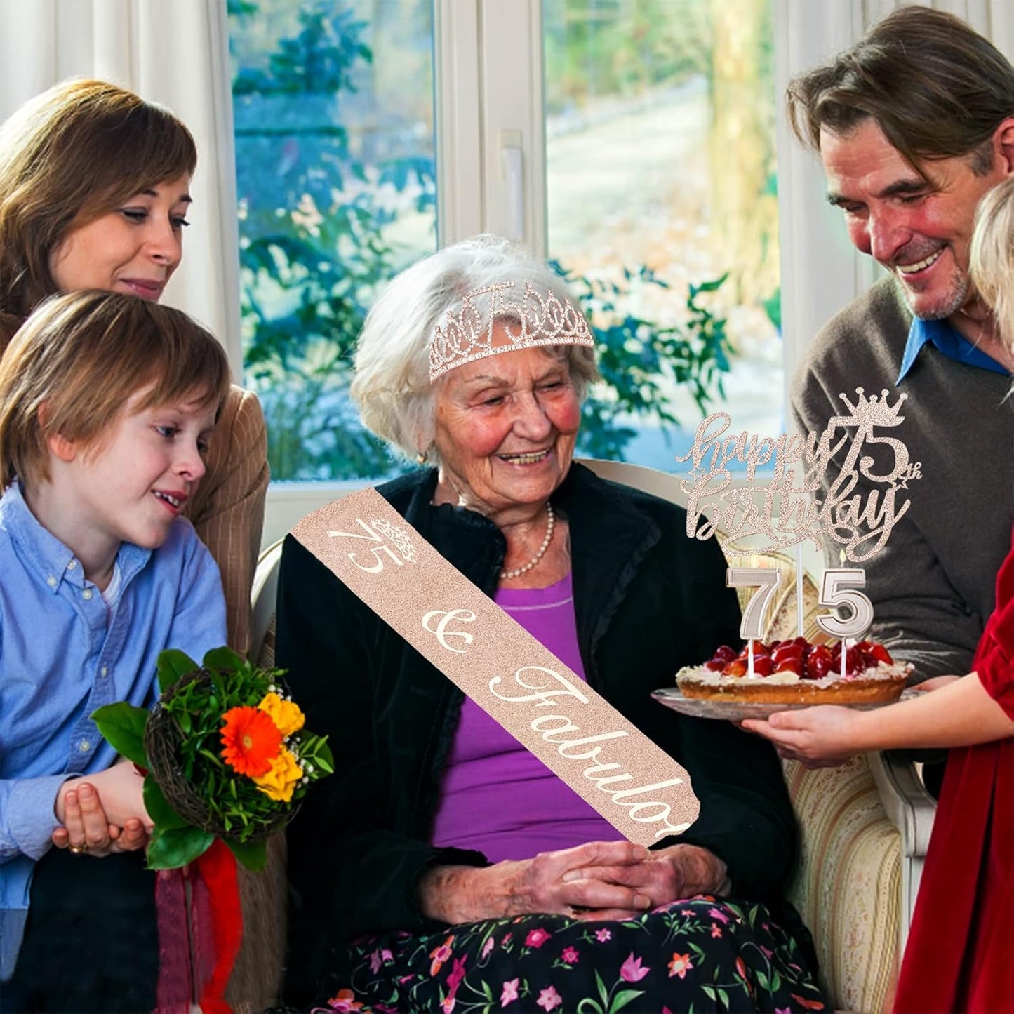 75th Birthday Decorations for Women Including Sash, Crown/Tiara, Candles and Cake Topper, Rose Gold 75 Birthday Gifts Party Favor Supplies