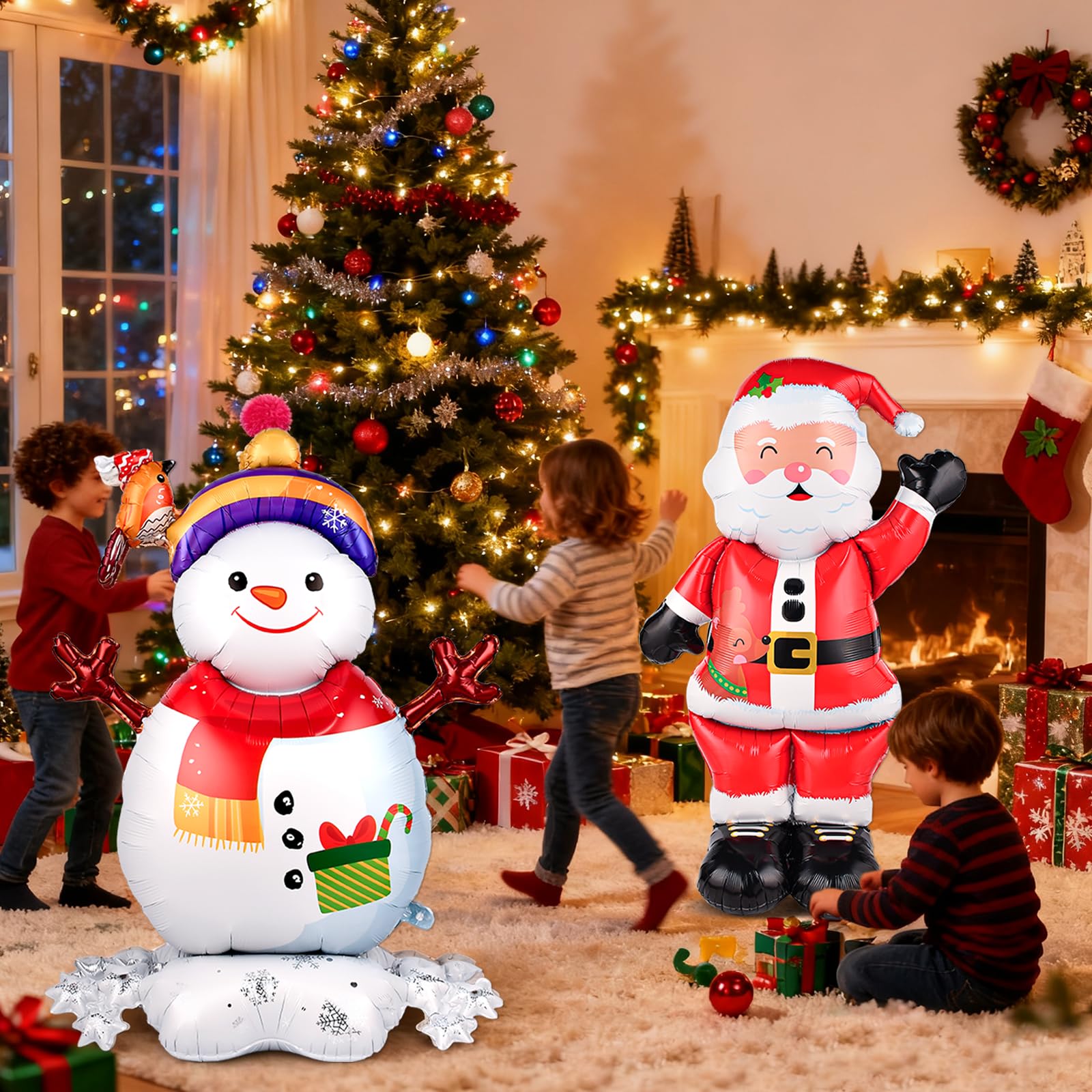 2Pcs 62 Inch Self Standing Santa Claus Balloons Giant Snowman Mylar Balloon Christmas Party