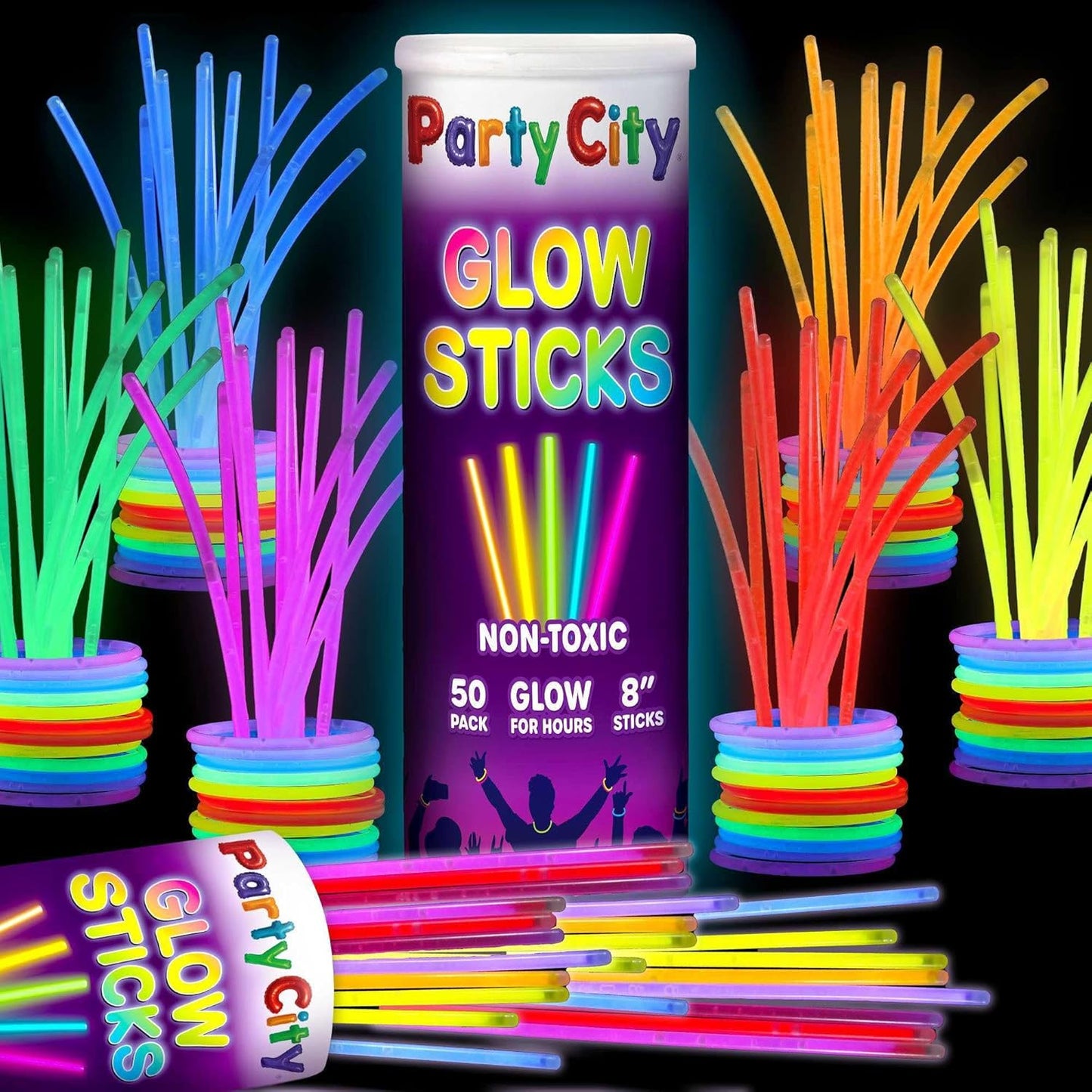 Party City 50 Glow Sticks Bulk Party Pack 8”– Neon Glow in the Dark Party Supplies, Glowsticks with Connectors Bracelets & Necklaces, Light Up Favors for Kids, Adults, Birthdays, Parties, Decorations