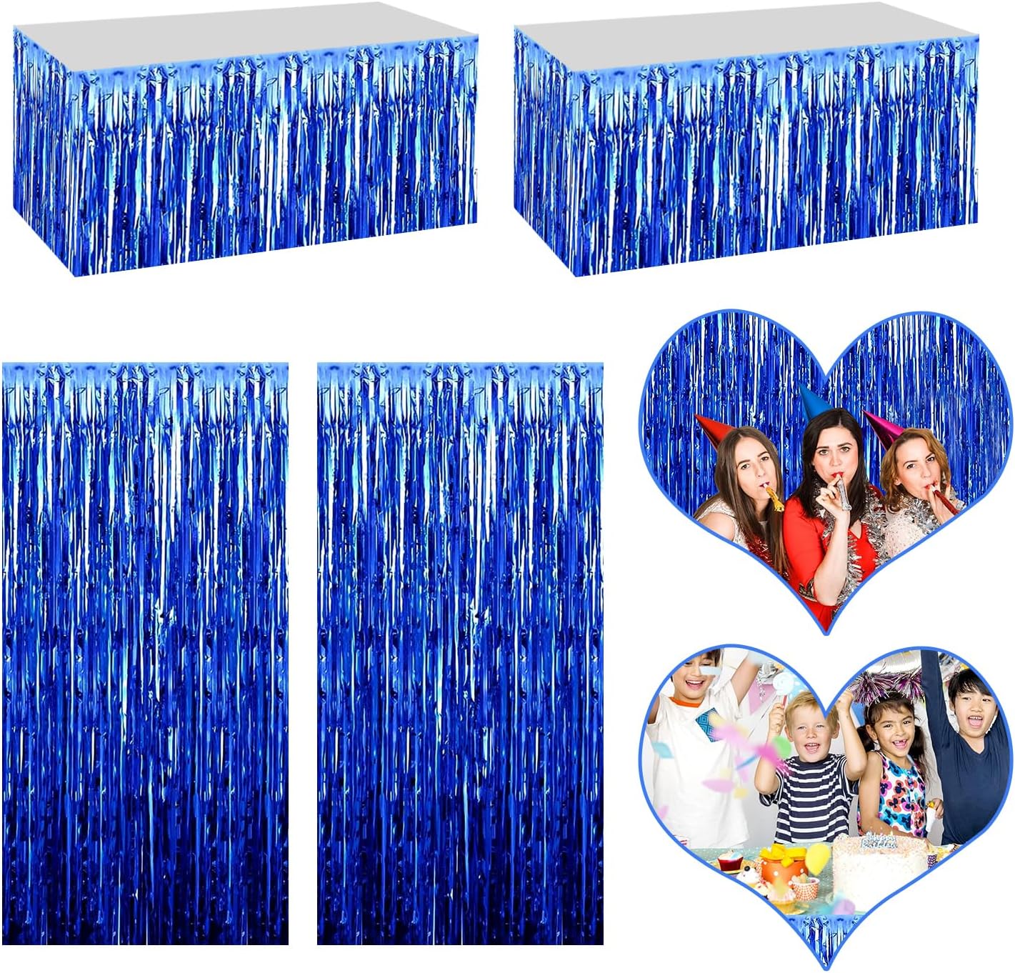 4P Metallic Foil Fringe Tinsel Table Skirts for Rectangle Tables Backdrop Banner Tinsel Streamer Garland Curtains for Parade Floats Wedding Graduation Anniversary Birthday Parties Decoration (Blue)