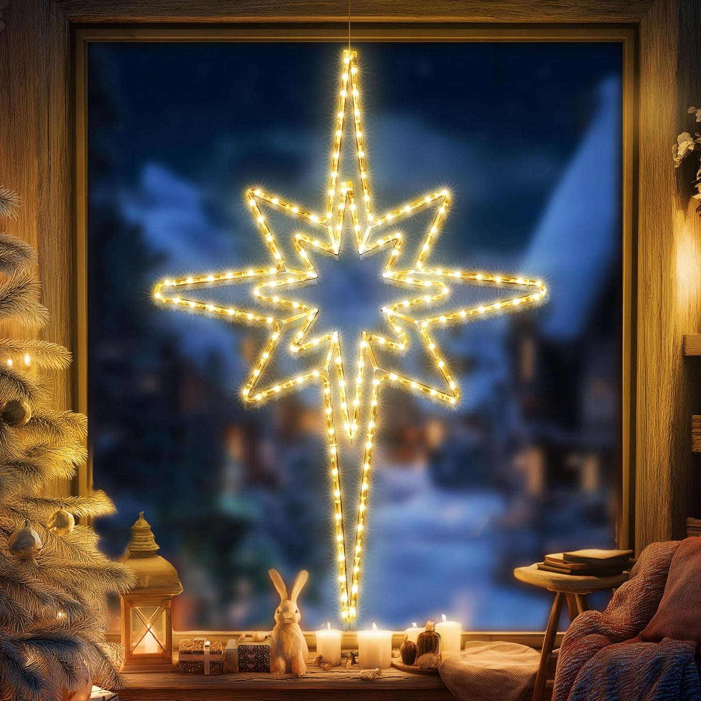 Christmas 45'' Bethlehem Star Lights Decoration - 141LED Outdoor Waterproof Christmas LED North Star Nativity Holy Family Light with Timer for Outdoor Home Party Porch Wall Hanging Light