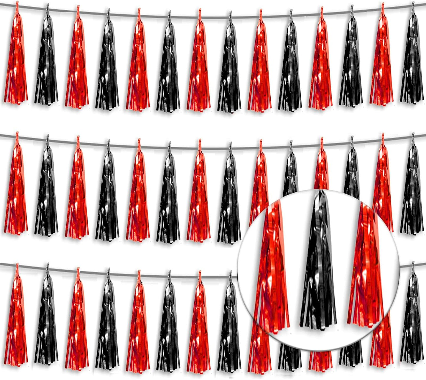 3P Metallic Fringe Tassel Banner Garland Foil Tinsel Streamer Wall Hanging Curtain Backdrop Banner for Parade Floats, Halloween Decorations, Christmas Day Party Decoration(Black red)