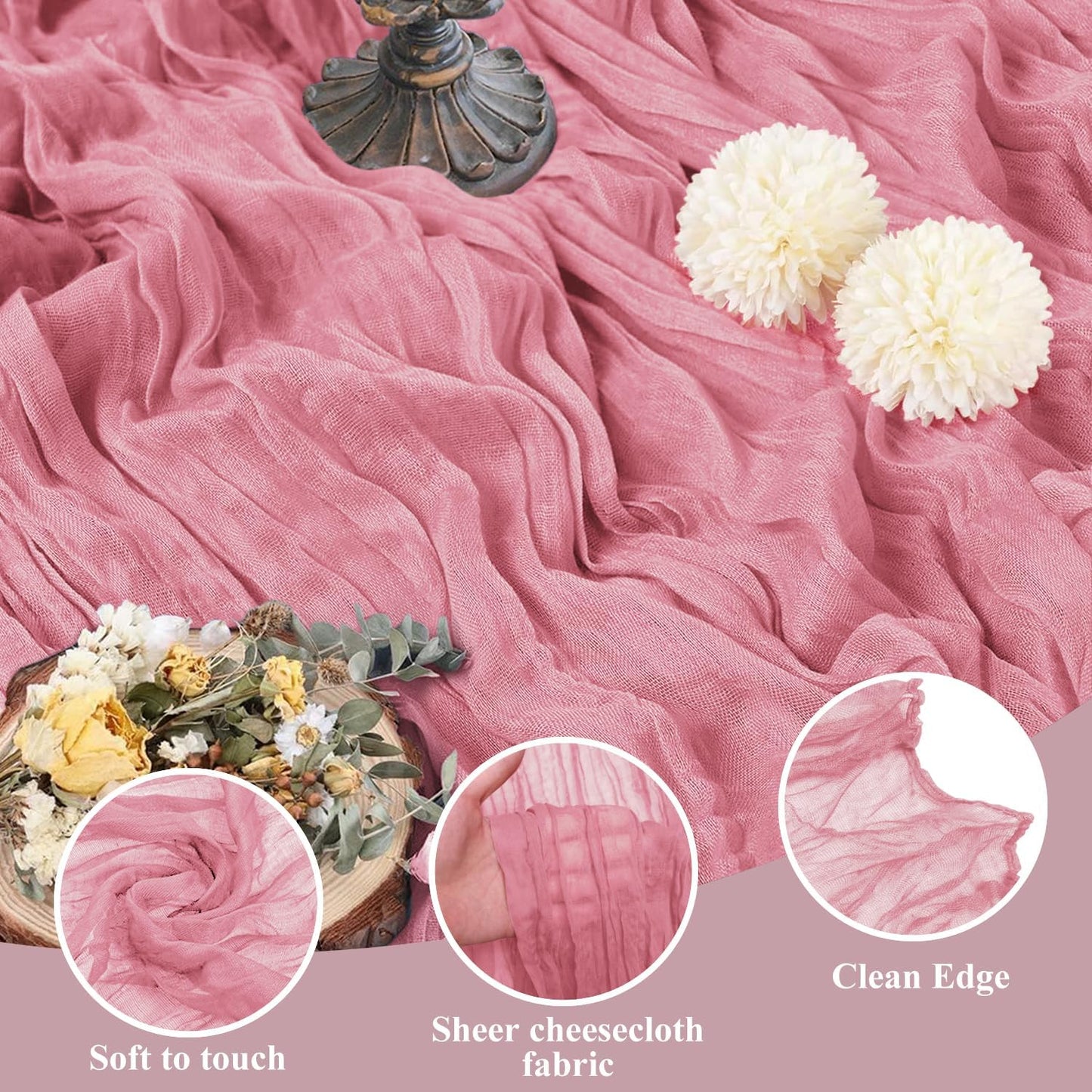 Asee'm 4pcs Cheesecloth Table Runner 120 Inches Dusty Rose Boho Gauze Cheese Cloth Runner 10FT Rustic Sheer Table Runners for Summer Wedding Baby Shower Holiday Party Decoration