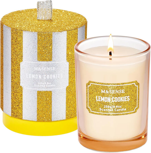 M&SENSE Lemon Scented Candle, Classic Size 8.8 oz Glitter Jar, Holiday Gifts for Women, Strong Scented Natural Soy for Winter Home Decor, 50 Hours Long Burning