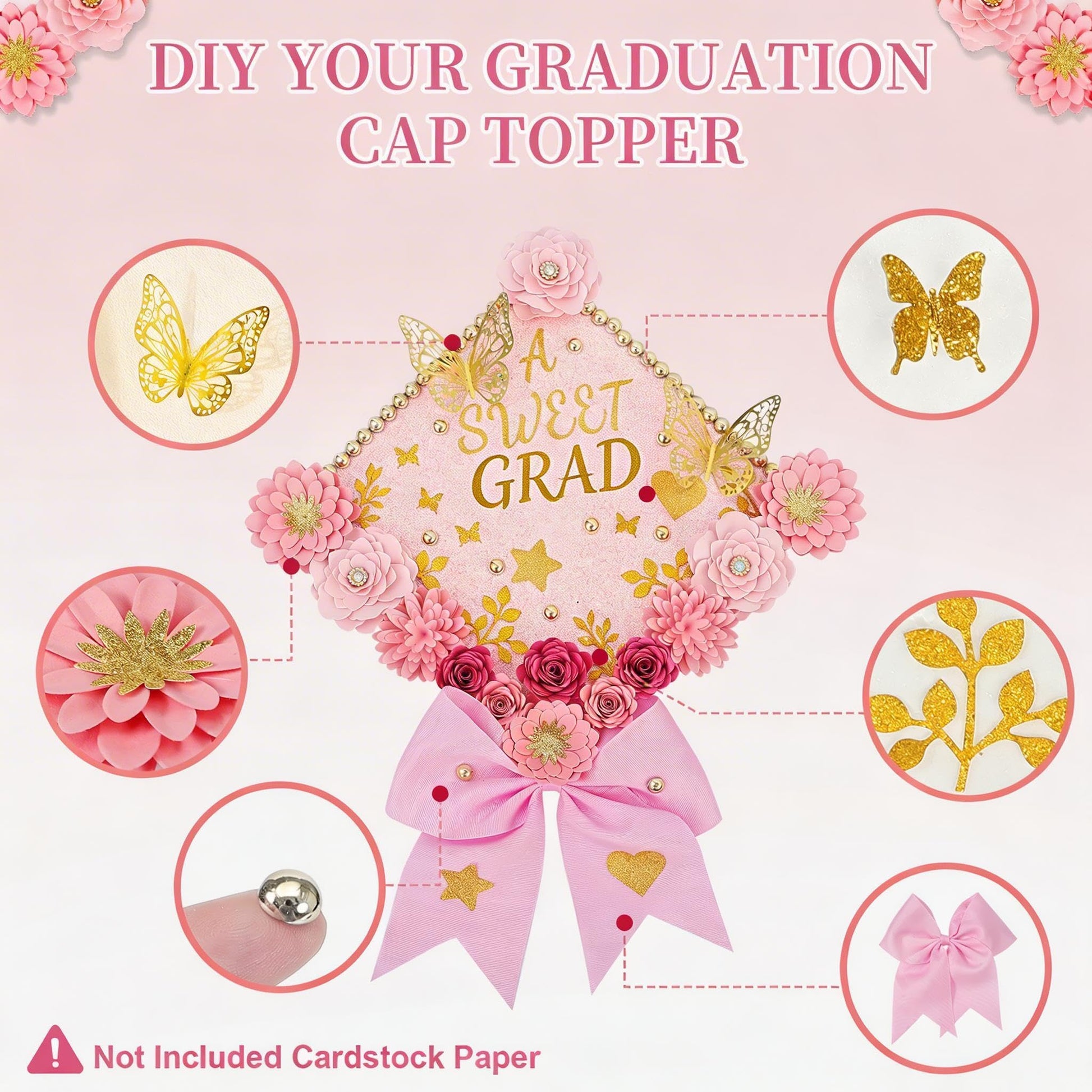 Premium Graduation Cap Topper Kit 2026 with 350g Glitter Cardstock Base - 3D Paper Flowers