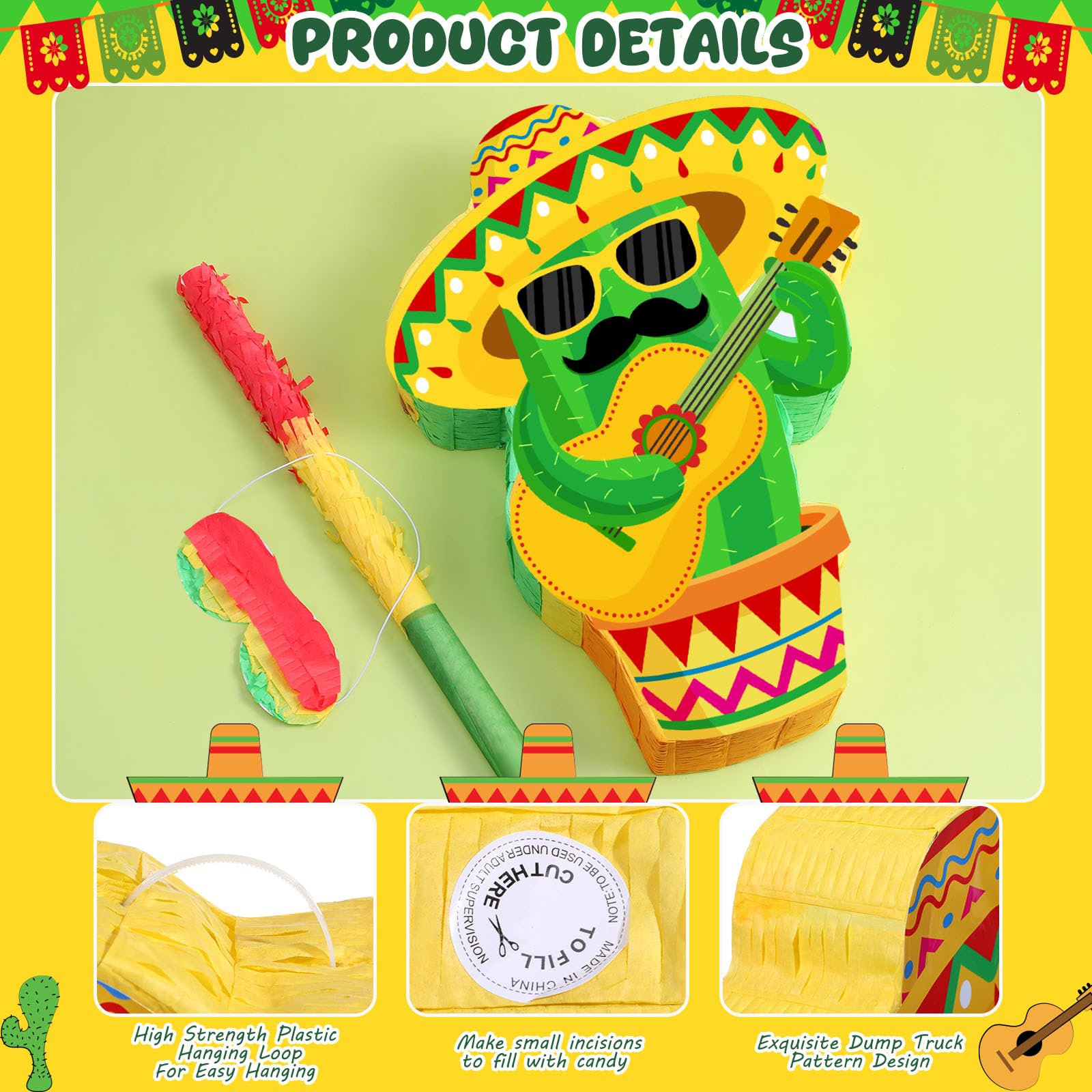 Harrycle Cactus Piñata for Cinco De Mayo Mayo Sombrero Party Hats Mexican Fiesta Decorations with