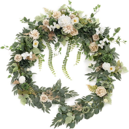 Ling's Moment 9FT Flower Garland for Backdrop Decoration - Wedding Arch Flowers, Eucalyptus & Rose, Artificial Floral Garland for Mantle - Sweetheart Table Decor for Ceremony, Christmas, Emerald Tawny