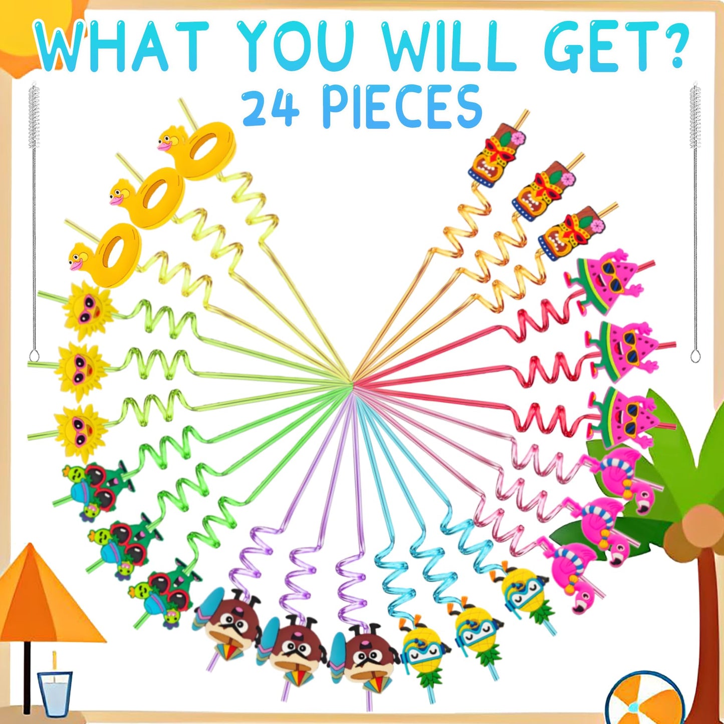 24 Reusable Hawaiian Drinking Straws for Summer Beach Pool Party Decoration