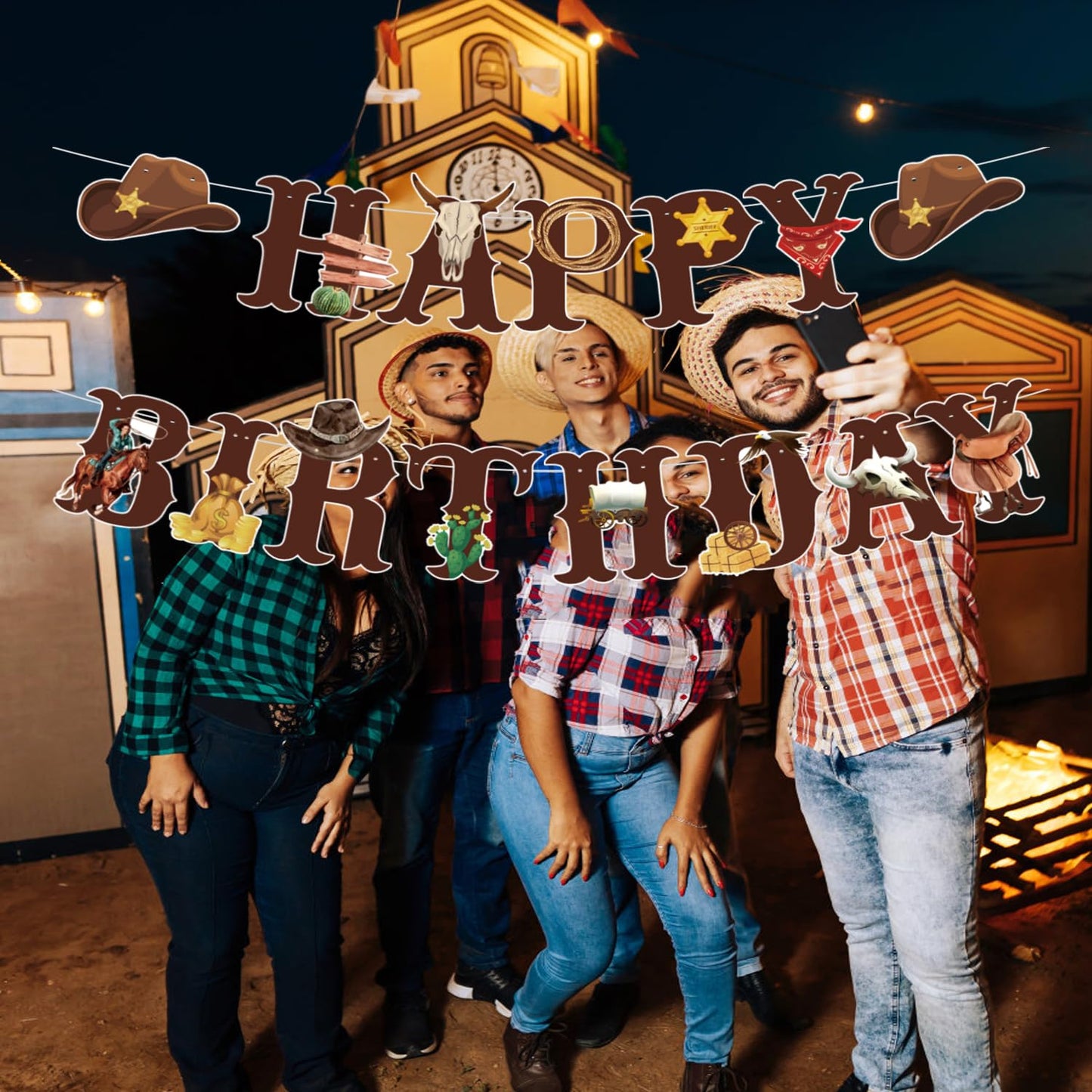 Western Cowboy Theme Wild West Party Decoration,Pre-Strung Happy Birthday Banner,Retro Horse Rodeo