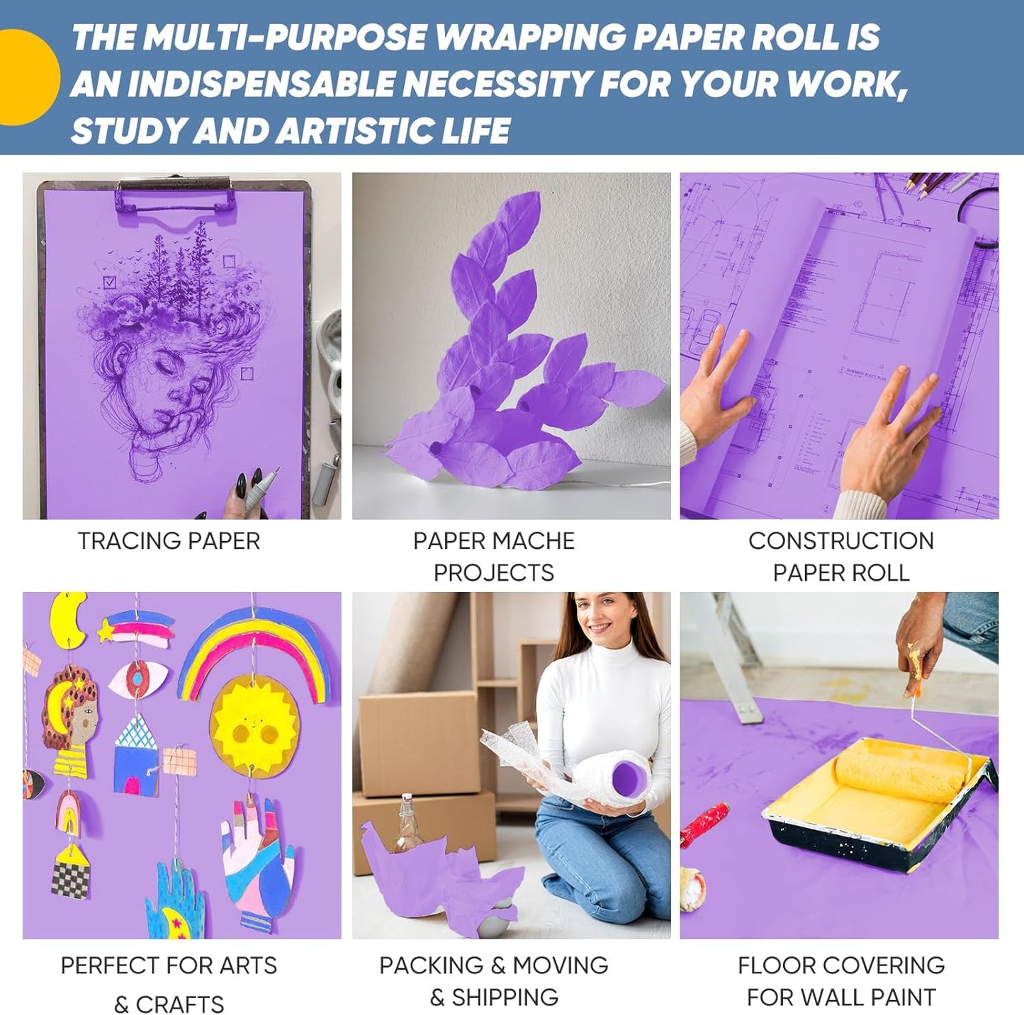Purple Wrapping Paper, 15"x900" (75FT) Art Craft Construction Bulletin Board Decorative Paper Roll for Mother's Day Birthday Mardi Gras Anniversary Wedding Bouquet Flower Gift Wrap Floral Supplies