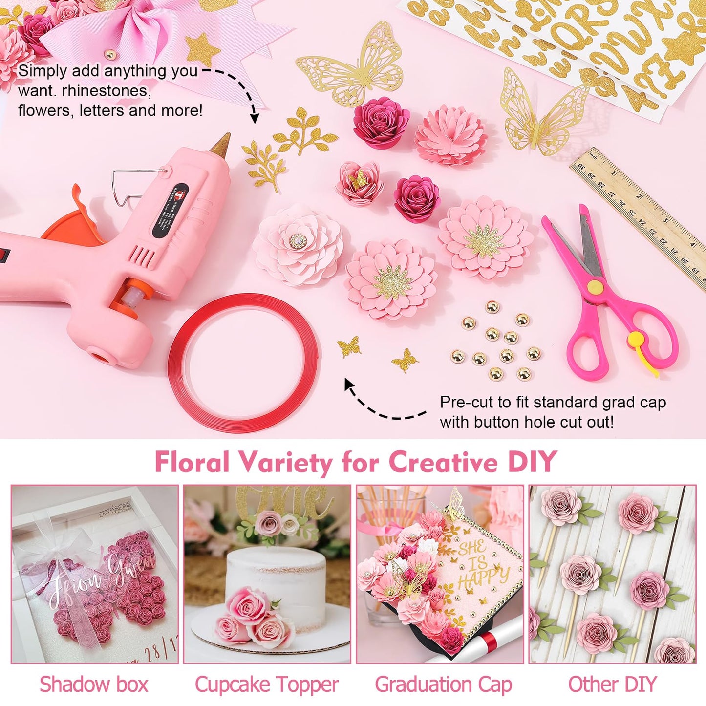 Premium Graduation Cap Topper Kit 2026 with 350g Glitter Cardstock Base - 3D Paper Flowers