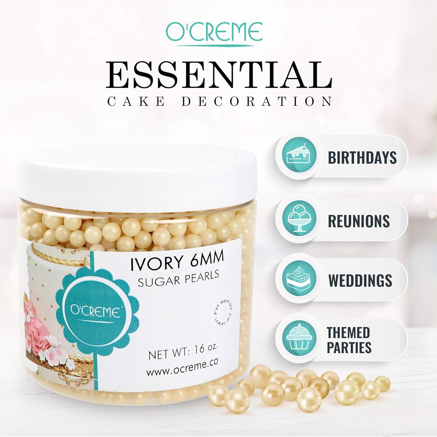 O'Creme Ivory Edible Sugar Pearls Cake Decorating Supplies for Bakers: Cookie, Cupcake & Icing Toppings, Beads Sprinkles For Baking, Certified, Candy Sugar Ball Accents (10mm, 16 Oz)