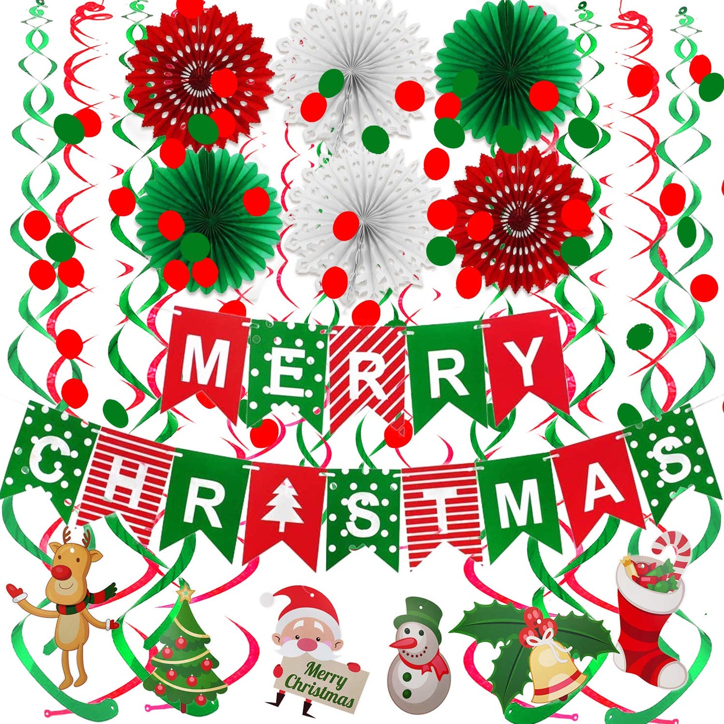 FECEDY Merry Christmas Banner Paper Fan Flower Circle Confetti Dots Hanging Garlandand Swirl