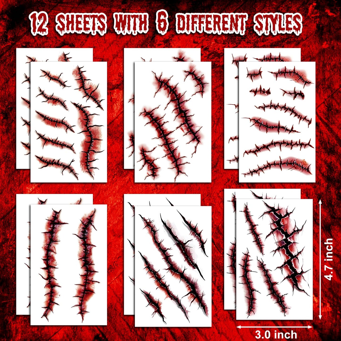 JCFIRE 12 Sheets Halloween Makeup Kit, Fake Scars Halloween Temporary Tattoos for Kids Adults, Zombie Costume for Kids Women, Tattoos Stickers Party Decorations Supplies Accessories