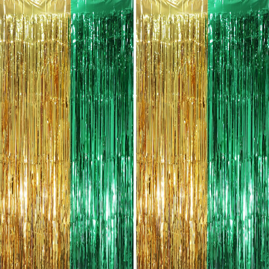 2 Pack Green and Gold Foil Fringe Backdrop Curtains, Tinsel Streamers Party Decorations, Fringe Backdrop, Door Shimmer for Graduation or Birthday Party