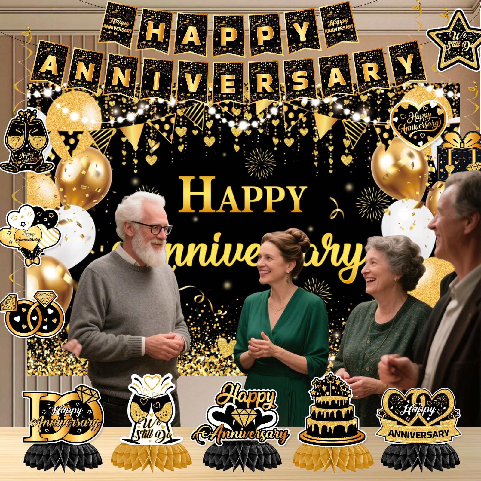 Happy Anniversary Decorations - Black Gold Wedding Party Decorations Kit, Happy Anniversary Banner