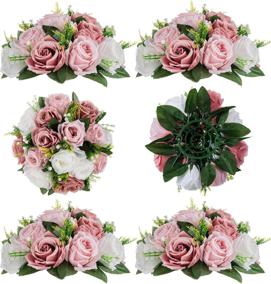 BLOSMON Dusty Rose Flowers Centerpieces: 6 Pcs Pink Roses Artificial Flowers Balls for Wedding Dinning Table - Fake Silk Kissing Floral Arrangement for Home Party Event Decor