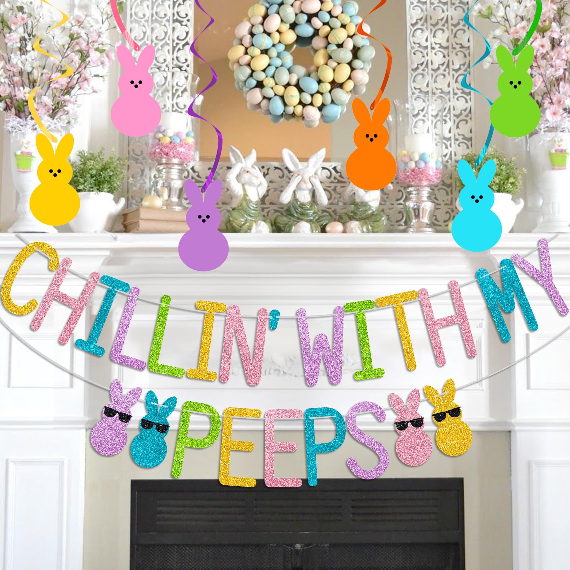 Glitter Chillin with My Peeps Banner with Bunny Hanging Swirls - NO DIY - Easter Party Decorations