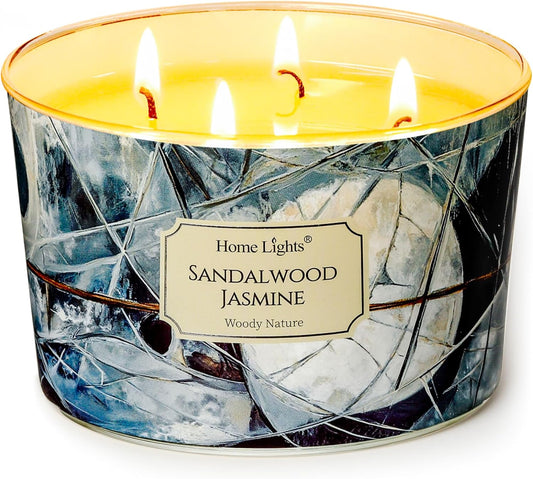 HomeLights Soy Wax Candles for Home Scented, 4-Wick Candles in Sandalwood Jasmine Scented, Industrial Chic Aromatherapy Candles Gift for Parties, Relaxing, 18oz