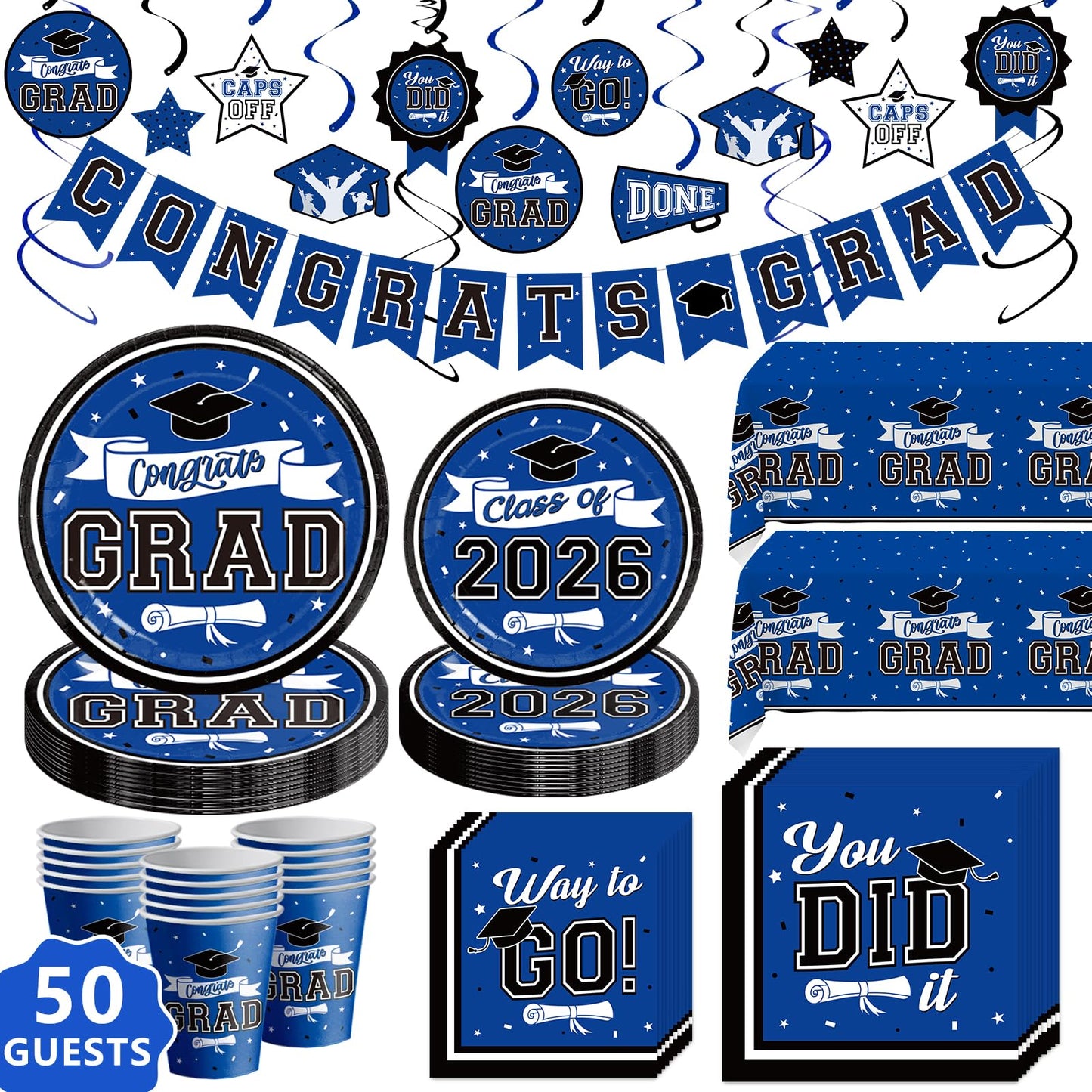 DAZONGE Graduation Decorations 2026 Blue, 265pcs Graduation Party Decorations 2026, Disposable