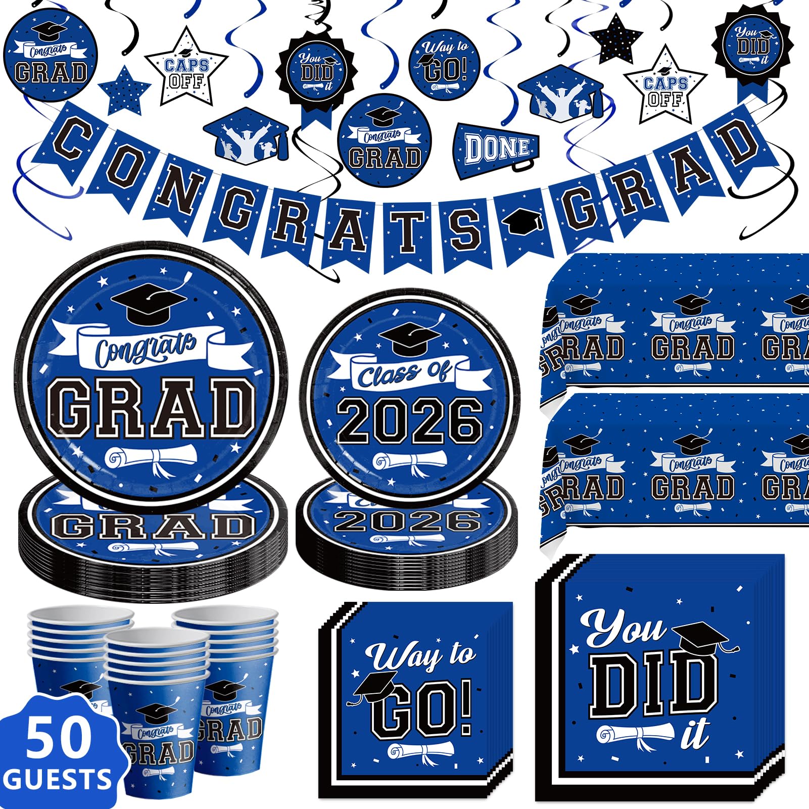 DAZONGE Graduation Decorations 2026 Blue, 265pcs Graduation Party Decorations 2026, Disposable