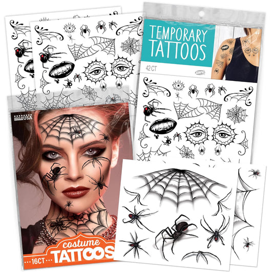 Assorted Spider Temporary Tattoos Variety Pack – Creepy Crawly Halloween Tattoos for Kids, 50+ Spooky Designs, Party Favors, Trick-or-Treat Handouts & Classroom Prizes