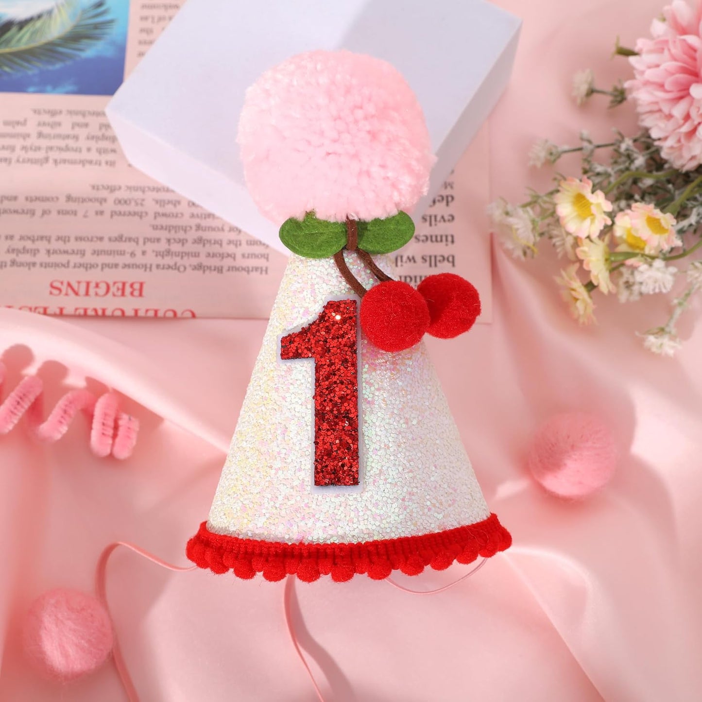 Cherry 1st Birthday Hat - Sweet One Party Decorations, Pink Glitter First Crown for Girls, Fruit Themed Cake Smash, Pink Felt Party Crown