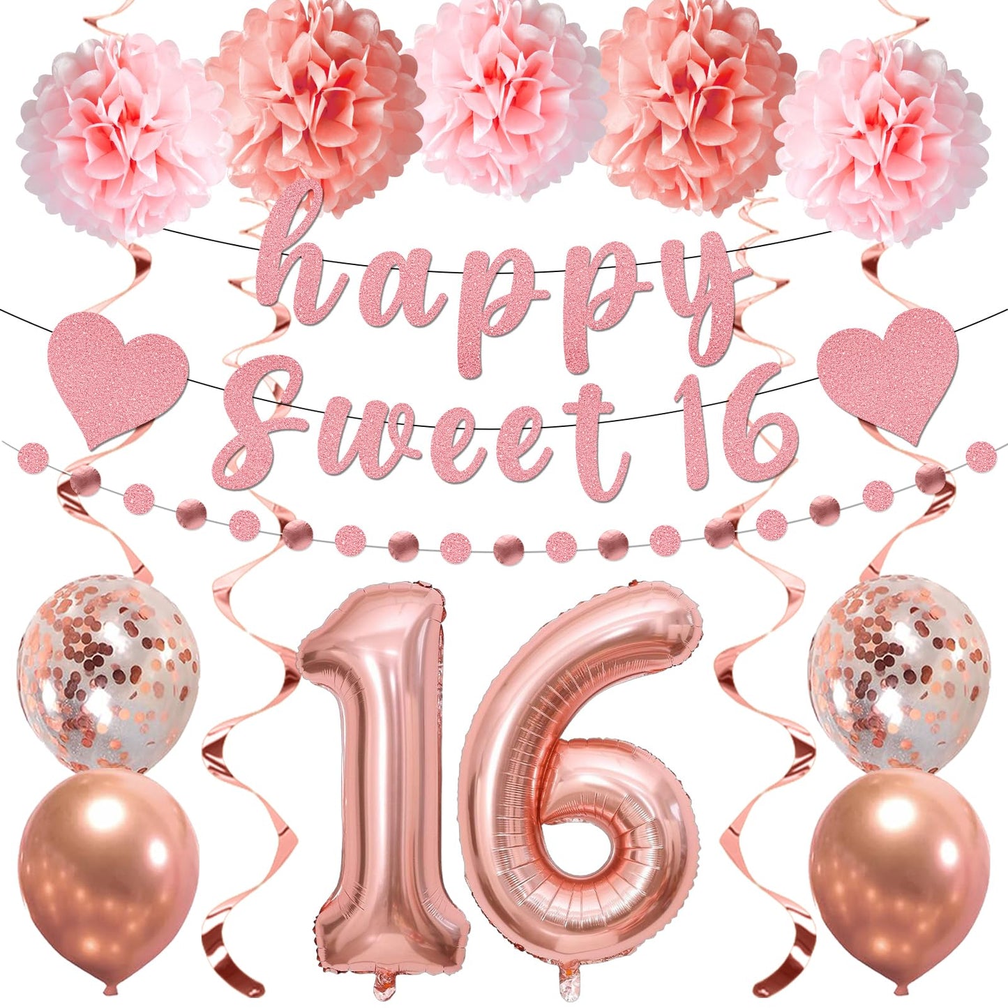 Yatufom 16th Birthday Decorations for Girls, 16th Birthday Party Supplies