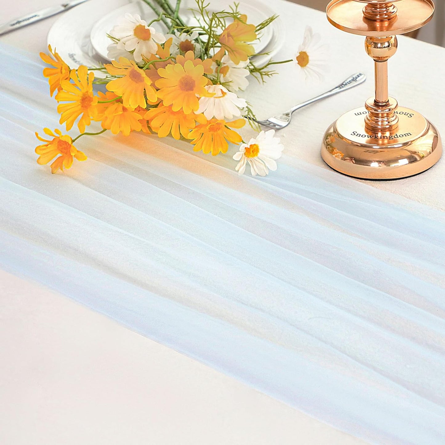 Snowkingdom Light Blue Cheesecloth Table Runner 10FT, Baby Blue Sheer Tulle Gauze Runner 120 Inch, Rustic Boho Party Table Decoration for Wedding Bridal Baby Shower Birthday Christmas Winter Holiday