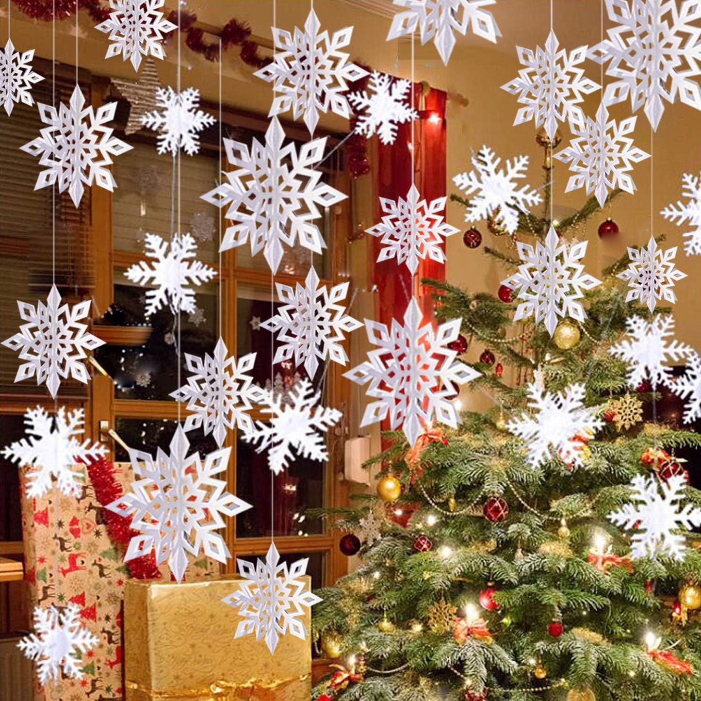 OuMuaMua Winter Christmas Hanging Snowflake Ornaments, 12PCS Snowflakes Garland & 12PCS 3D Glittery