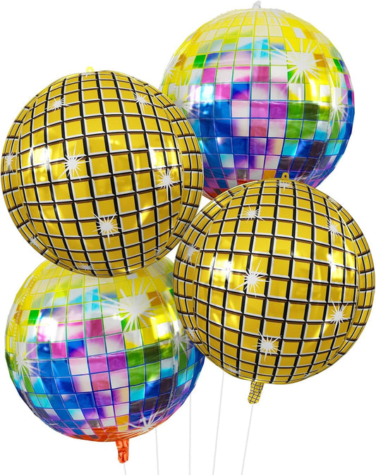 Disco Ball Balloons 4PC,Foil Disco Balloons 22 Inch 4D Round Multicolor Balloon for 70s 80s 90s Birthday Bachelorette Decorations