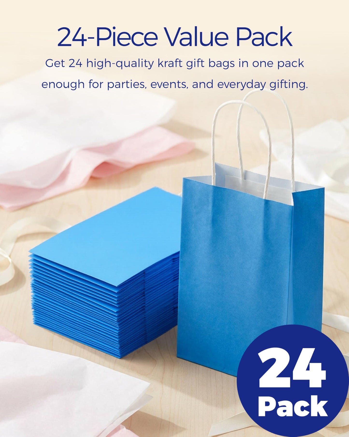 SUNCOLOR 24-Pack Blue Gift Bags with Handles, 8" Goodie Bags for Party Favors, Baby Showers