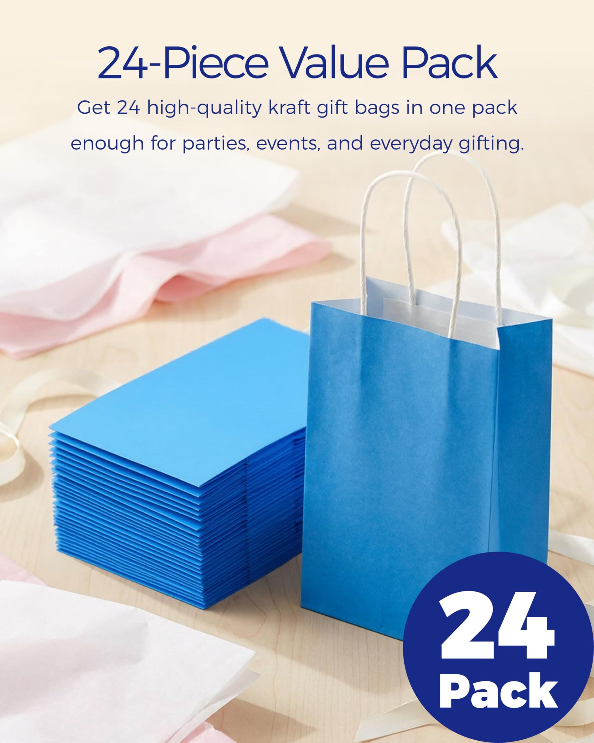 SUNCOLOR 24-Pack Blue Gift Bags with Handles, 8" Goodie Bags for Party Favors, Baby Showers