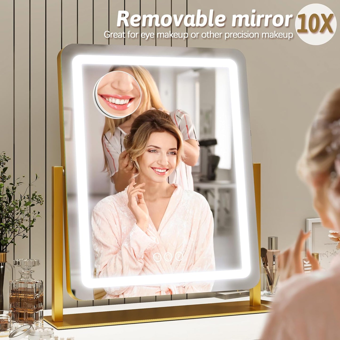 Vanity Mirror with Lights, 18"x22" LED Makeup Mirror with 10X Magnification, Smart Touch 3 Colors Dimmable, Light Up Mirror for Makeup Desk, 360° Rotation, Gold