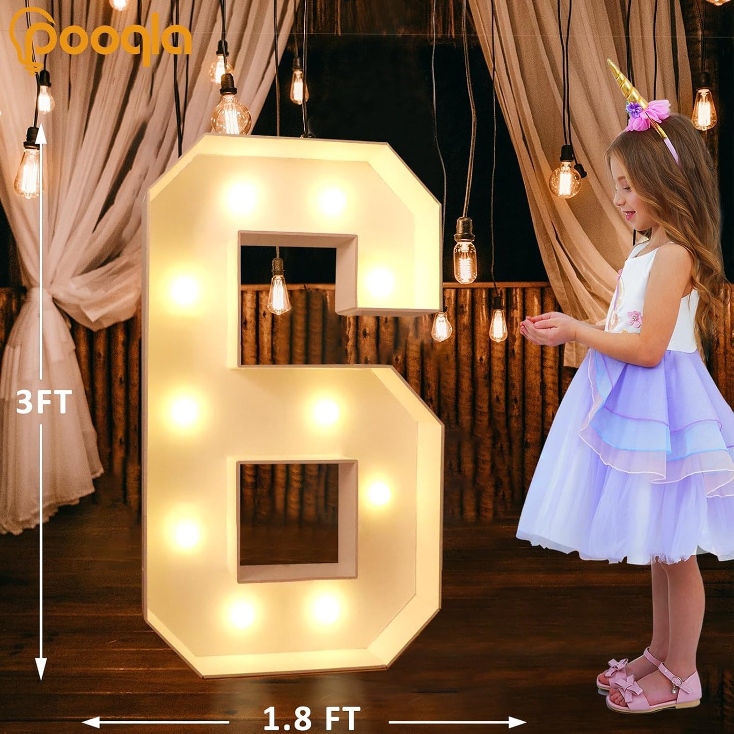 Pooqla 3FT Light Up Marquee Numbers, Cool White and Warm White LED Large Lighted Sign for Party Decoration, Giant Mosaic Numbers for 6th 16th 60th Birthday Decoration, Number 6