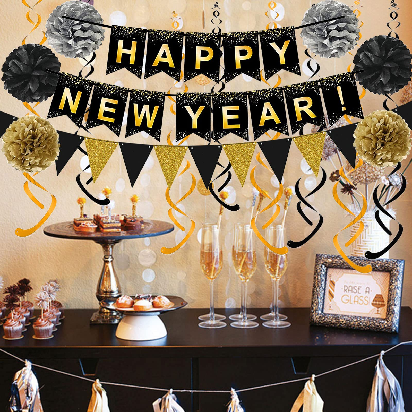 Happy New Year Set Black Banner with Gold Black Paper Flag Bunting Swirl Streamers & Pom Poms for