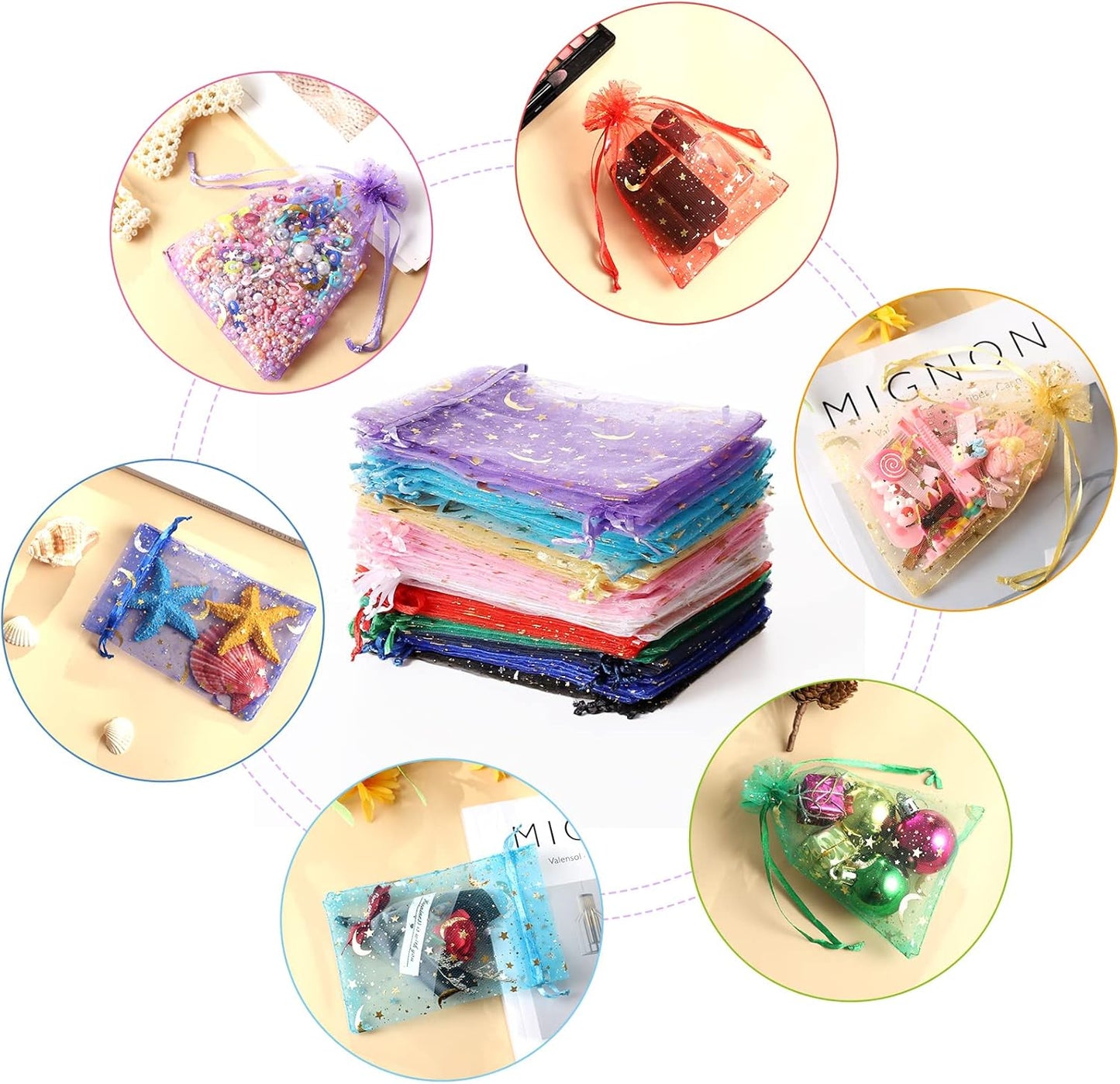 100PCS Moon Star Organza Bags, 4x6" Wedding Favors Bags with Drawstring, Mixed Color Little Mesh Candy Gift Pouches for Party, Jewelry, Christmas, Festival, Eid Mubarak Party Favor Bags
