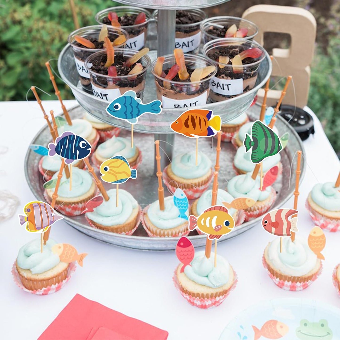24pcs Fish Cupcake Toppers Go Fishing Theme Decorations Baby Shower Boys Girls Happy Birthday Party Tropical Party Cake Picks Under The Sea Decoration Supplies