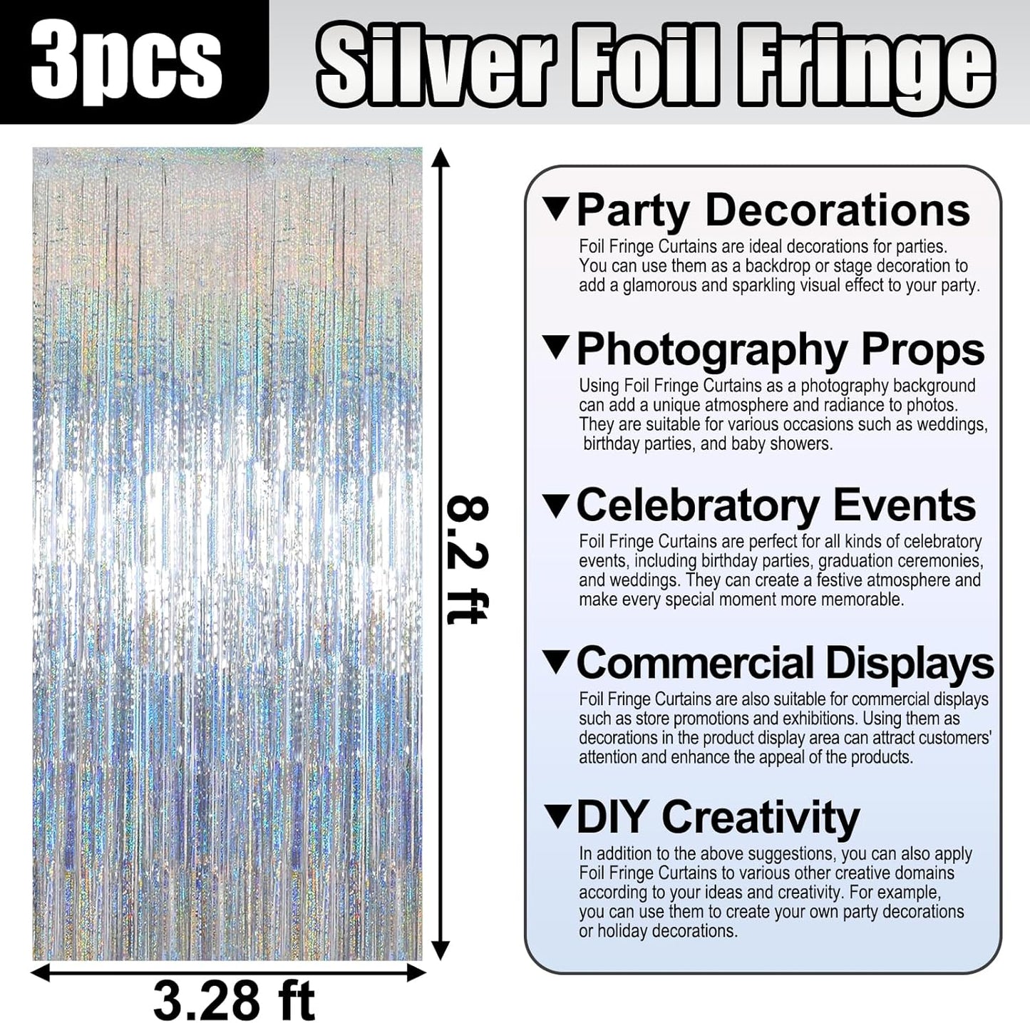 3 Pack Silver Foil Fringe Curtain Backdrop, 3.28Ft x 8.2Ft Metallic Tinsel Foil Fringe Streamer Curtains for Photo Booth, Mother's Day, Easter, Birthday, Wedding Party Decorations