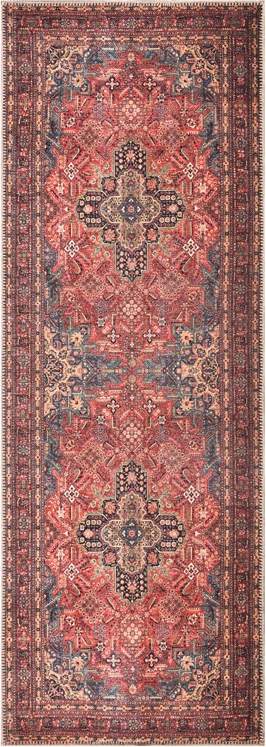 Bloom Rugs Washable Non-Slip 12 ft Runner - Red/Teal Blue/Yellow Traditional Medallion Runner for Entryway, Hallway, Bathroom, and Kitchen - Exact Size: 2.5' x 12'