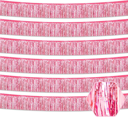6 Pack 10 Feet Pink Foil Fringe Garland Metallic Tinsel Streamers Banner Wall Hanging Curtain Backdrop for Parade Floats, Birthday, Graduate, Mother's Day, Wedding Party Decoration