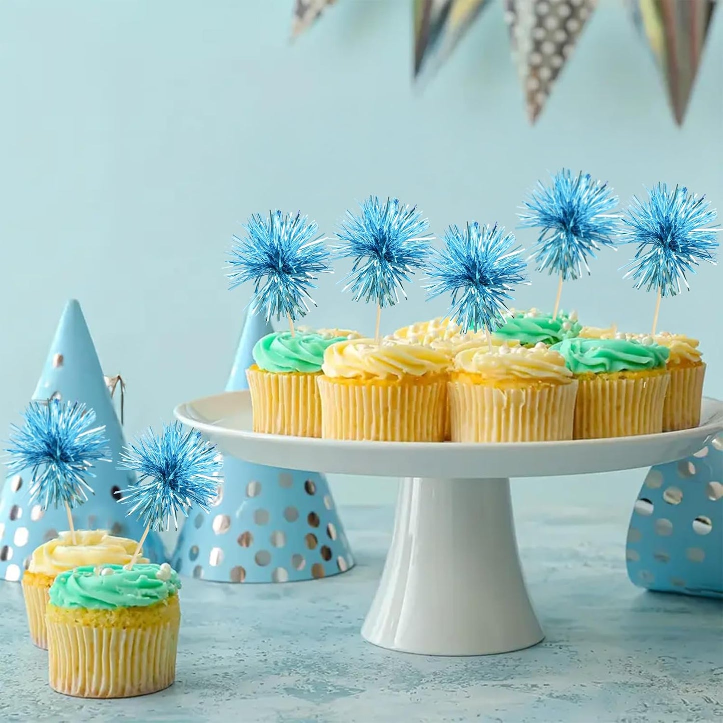 Ephlyn 30Pcs Foil Firework Cupcake Toppers Sparkle Tinsel Cupcake Picks Happy Birthday Cake Toppers Drink Stirrers Cocktail Food Toothpicks for Baby Shower Birthday Party Supplies Lake Blue