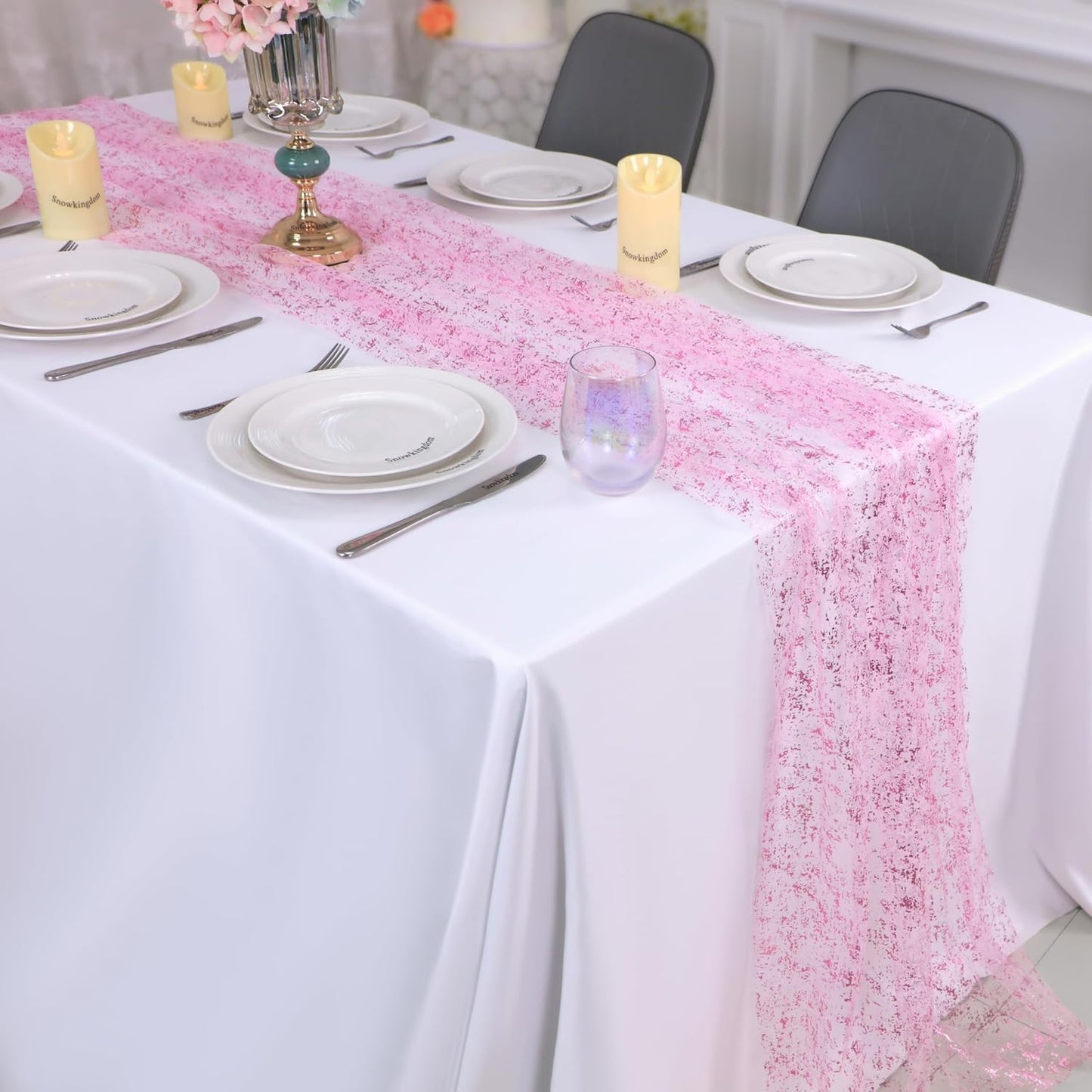 Snowkingdom 10 FT Pink Table Runner, Sequin Glitter Sheer Chiffon Gauze Cheesecloth Pastel Runner 120 Inch , Pink Party Table Decoration for Birthday Wedding Bridal Baby Shower Spring Summer Holiday