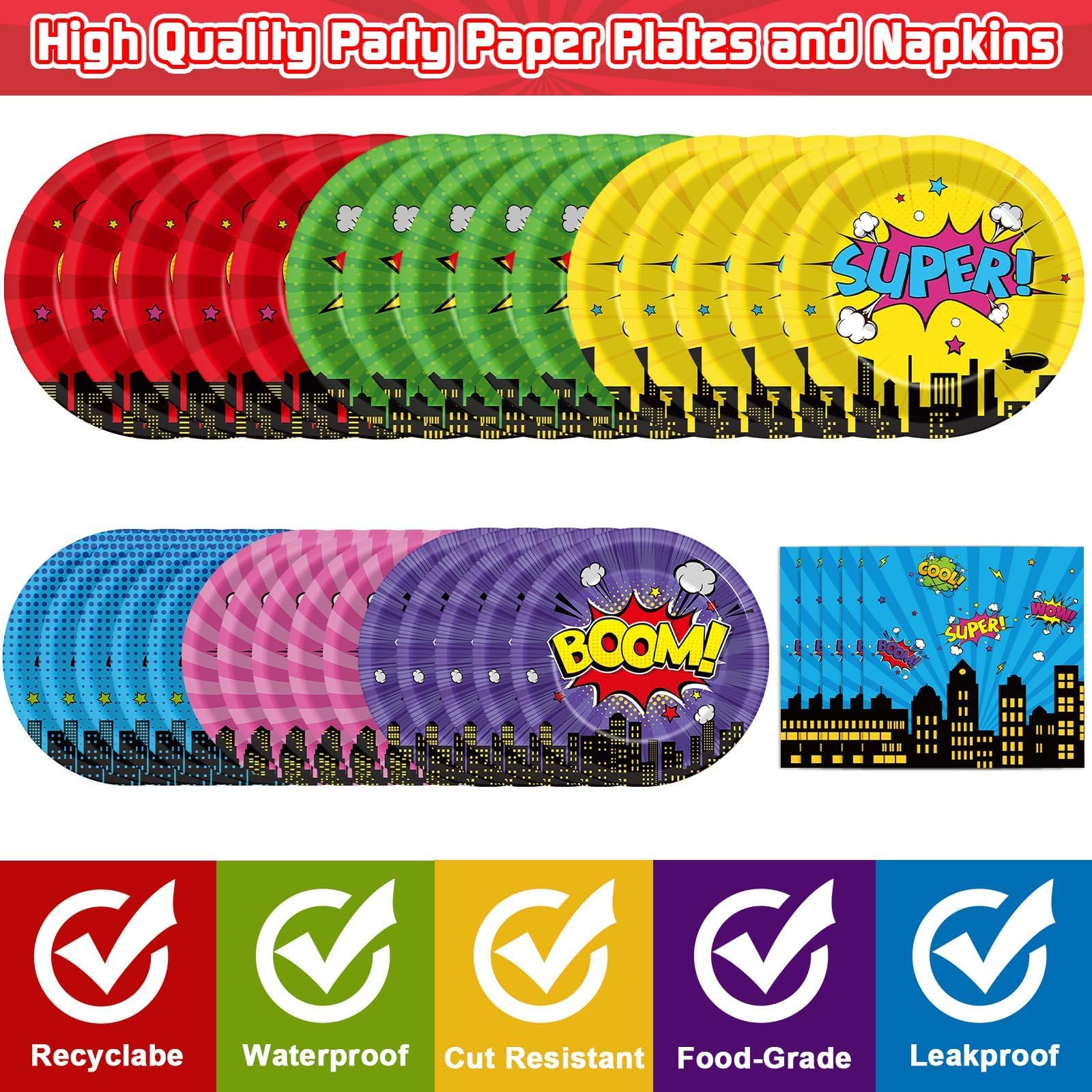 96Pcs Super Theme Hero Party Plates and Napkins Forks for Comic Heroes Birthday Decorations Hero's