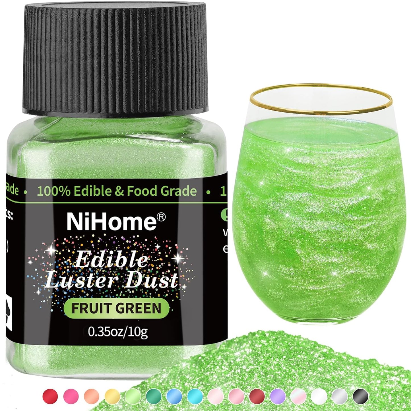 NiHome Edible Food-Grade Glitter Powder Glimmer Luster Dust Metallic Fancy Food Decorating Sprinkle Glimmery Dust for Drink Wine Beverage Cake Bakery Vegan Allergen-Free (Fruit Green, 0.35oz/10g)